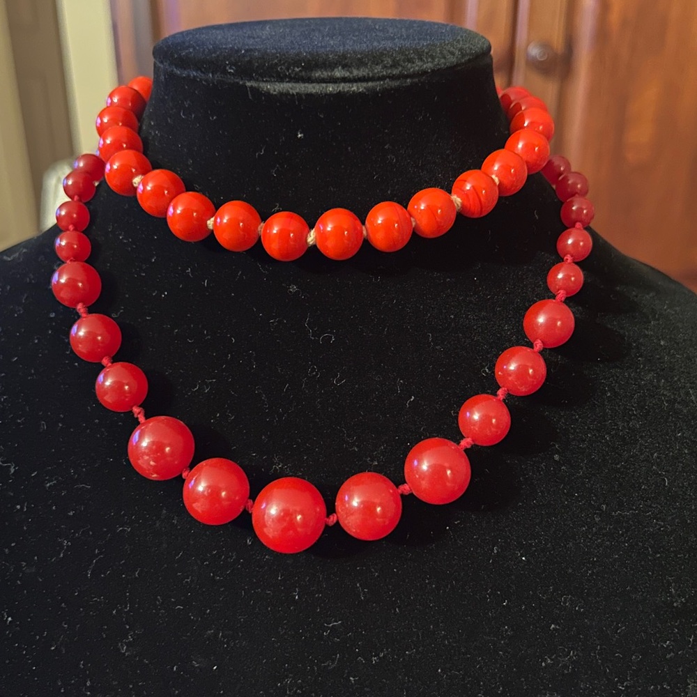 Gorgeous shiny red opaque glass round bead hand-knotted vintage necklaces